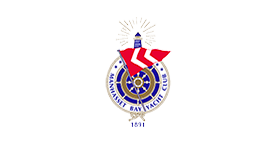 Manhasset Bay Yacht Club Logo with old school wooded boat steering wheel with a white ring around it with a blue lighthouse on top and a red and white triangular flag in front of it all and the text Manhasset Bay Yacht Club within the white circle around the wheel.