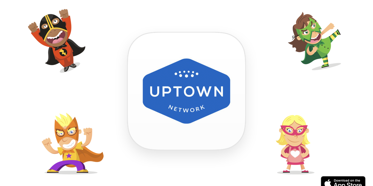 Food and beverage superhero characters surrounding the Uptown Network logo