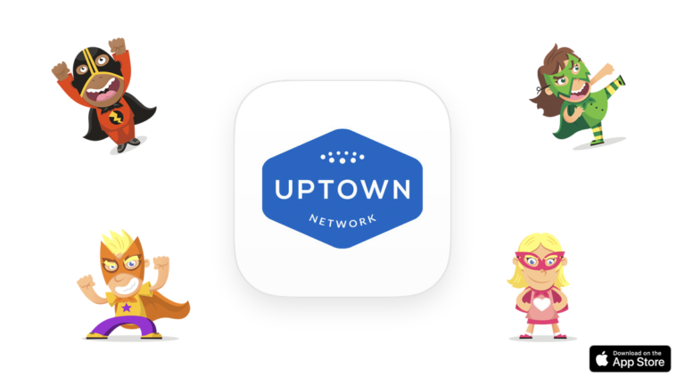 Food and beverage superhero characters surrounding the Uptown Network logo