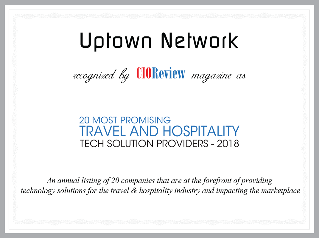 CIO Review certificate for ranking as one of the top twenty most promising travel and hospitality tech solution providers of two thousand eighteen.